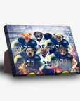 Personalized canvas featuring six dogs in blue and white football jerseys with a stadium background.