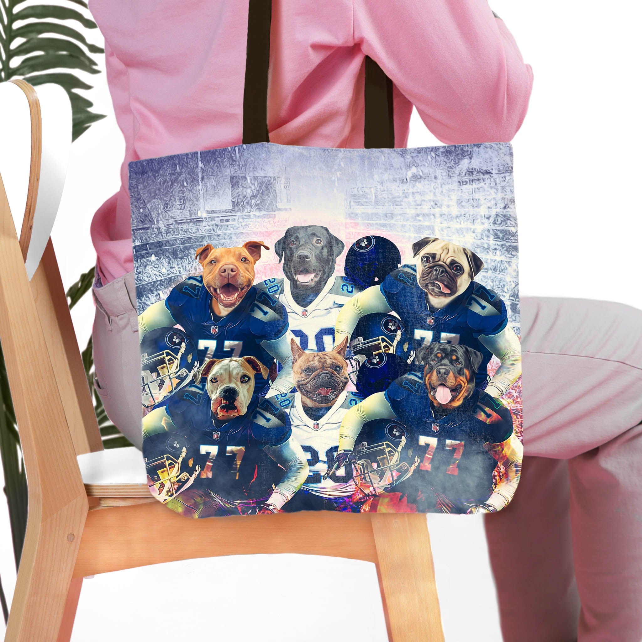Personalized 6 pet tote bag featuring dogs in football uniforms on a stadium background.