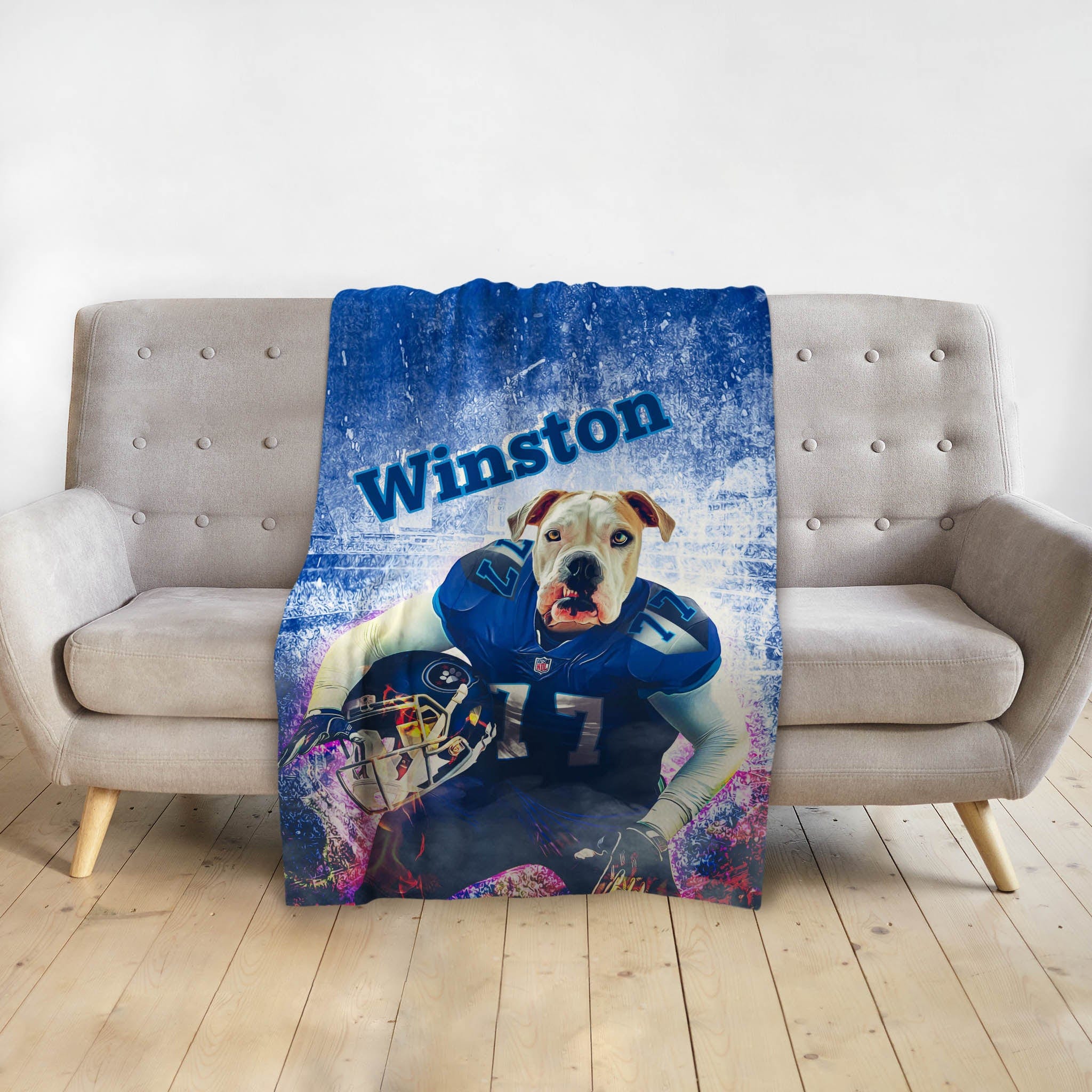 Personalized pet blanket with a Doggovinci portrait of a bulldog in a blue football uniform.