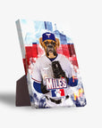 Personalized pet standing canvas featuring a boxer dog in a Texpaws Rangers baseball uniform against a city skyline.