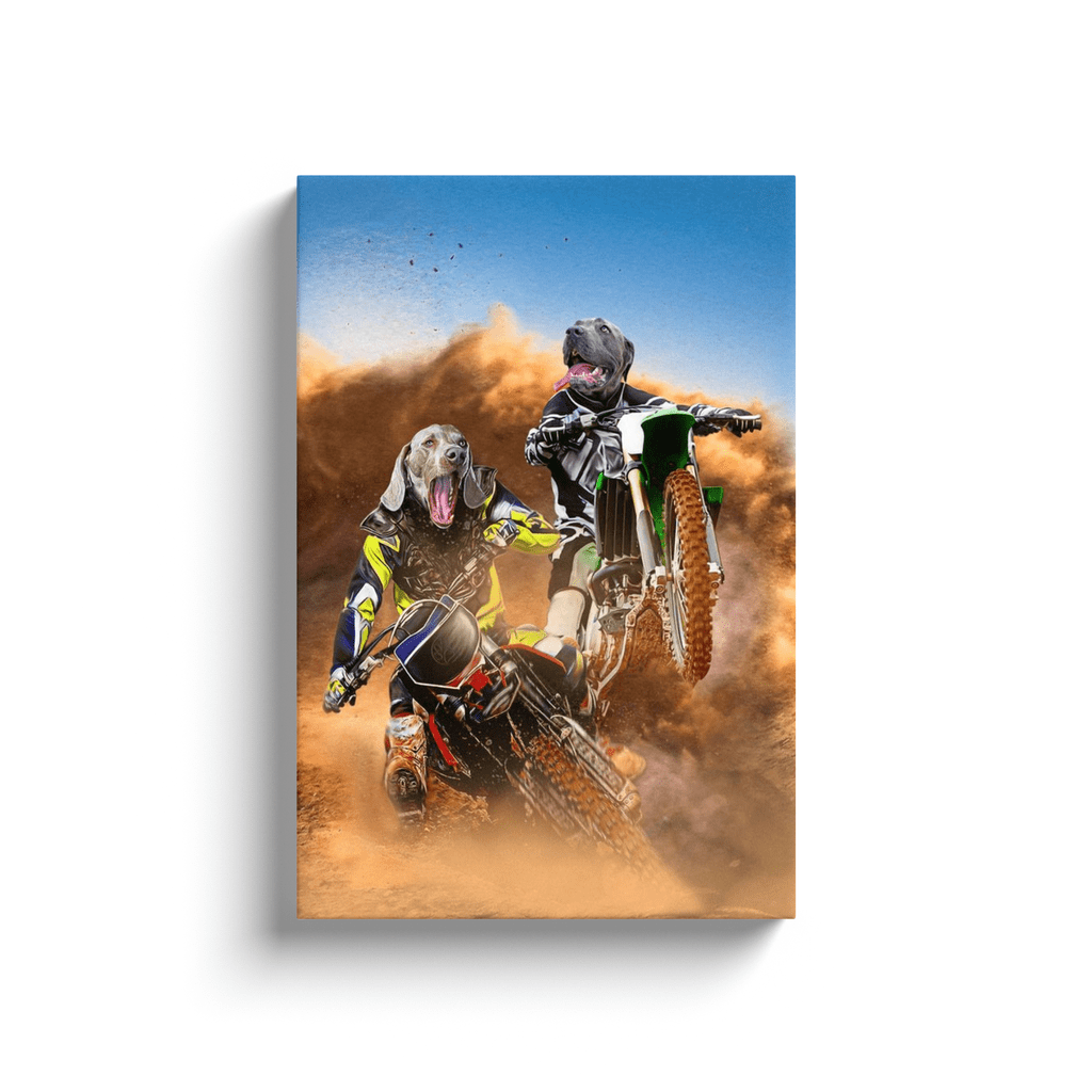 Personalized canvas featuring two dogs as motocross riders in a dusty, action-packed scene.