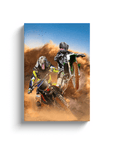 Personalized canvas featuring two dogs as motocross riders in a dusty, action-packed scene.