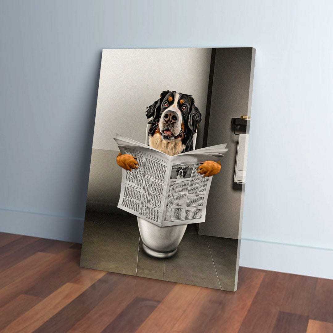 Personalized 'The Throne' canvas featuring a Bernese Mountain Dog reading a newspaper on a toilet.