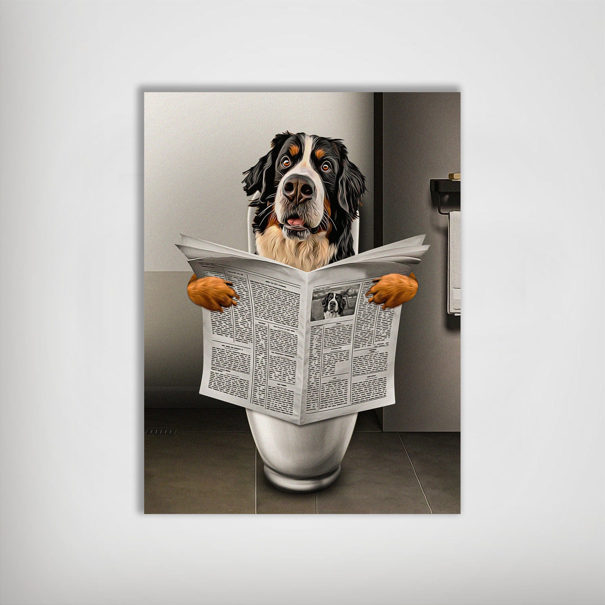 Personalized Bernese Mountain Dog poster on a toilet, reading a newspaper, with a matte finish.