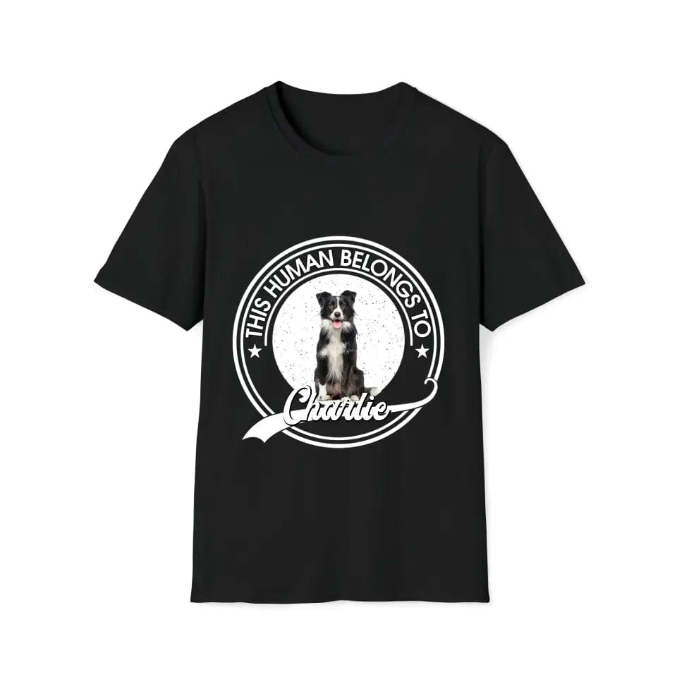 Black unisex t-shirt with a white circular "THIS HUMAN BELONGS TO" design, featuring a Border Collie and "Charlie" text.