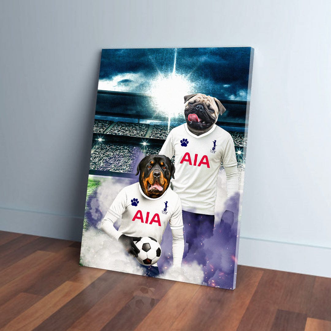Personalized Tottenham Doggos Football canvas featuring two pets in white jerseys on a stadium background.