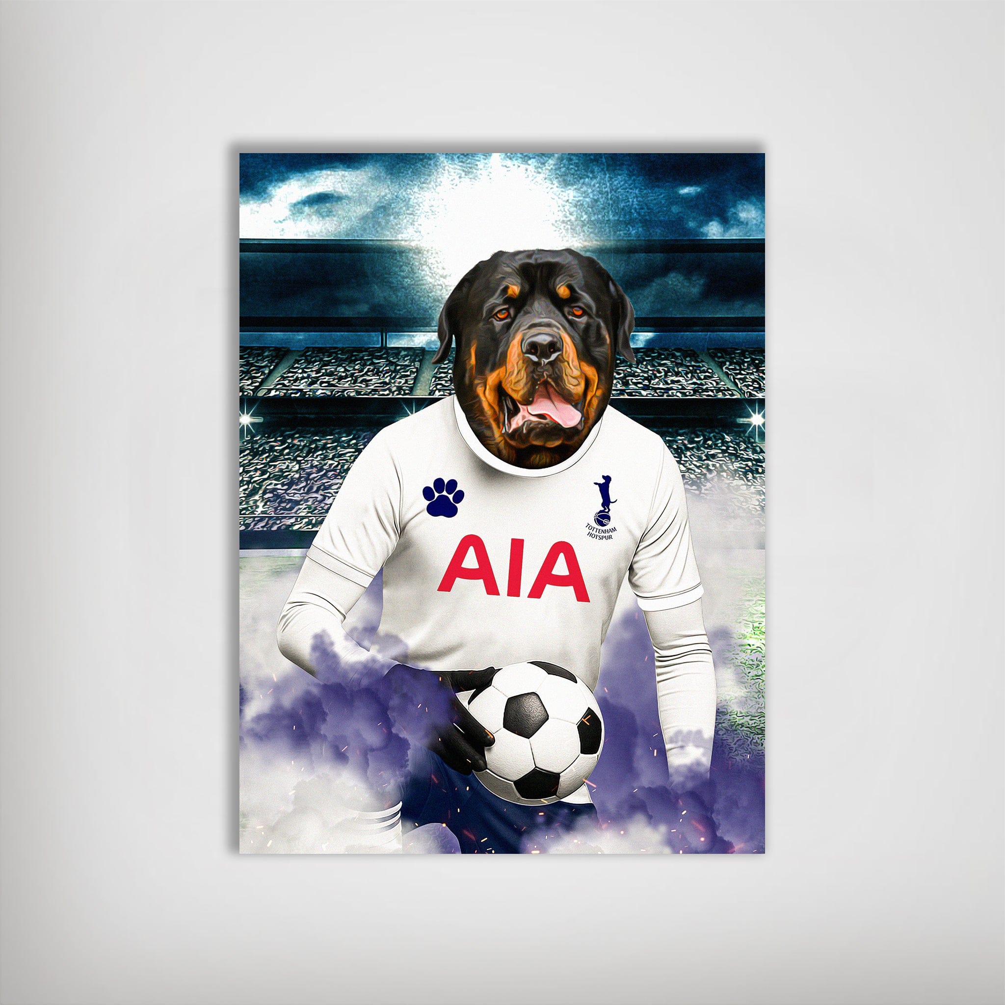 Personalized dog poster featuring a Rottweiler in a white Tottenham Hotspur football kit holding a soccer ball.