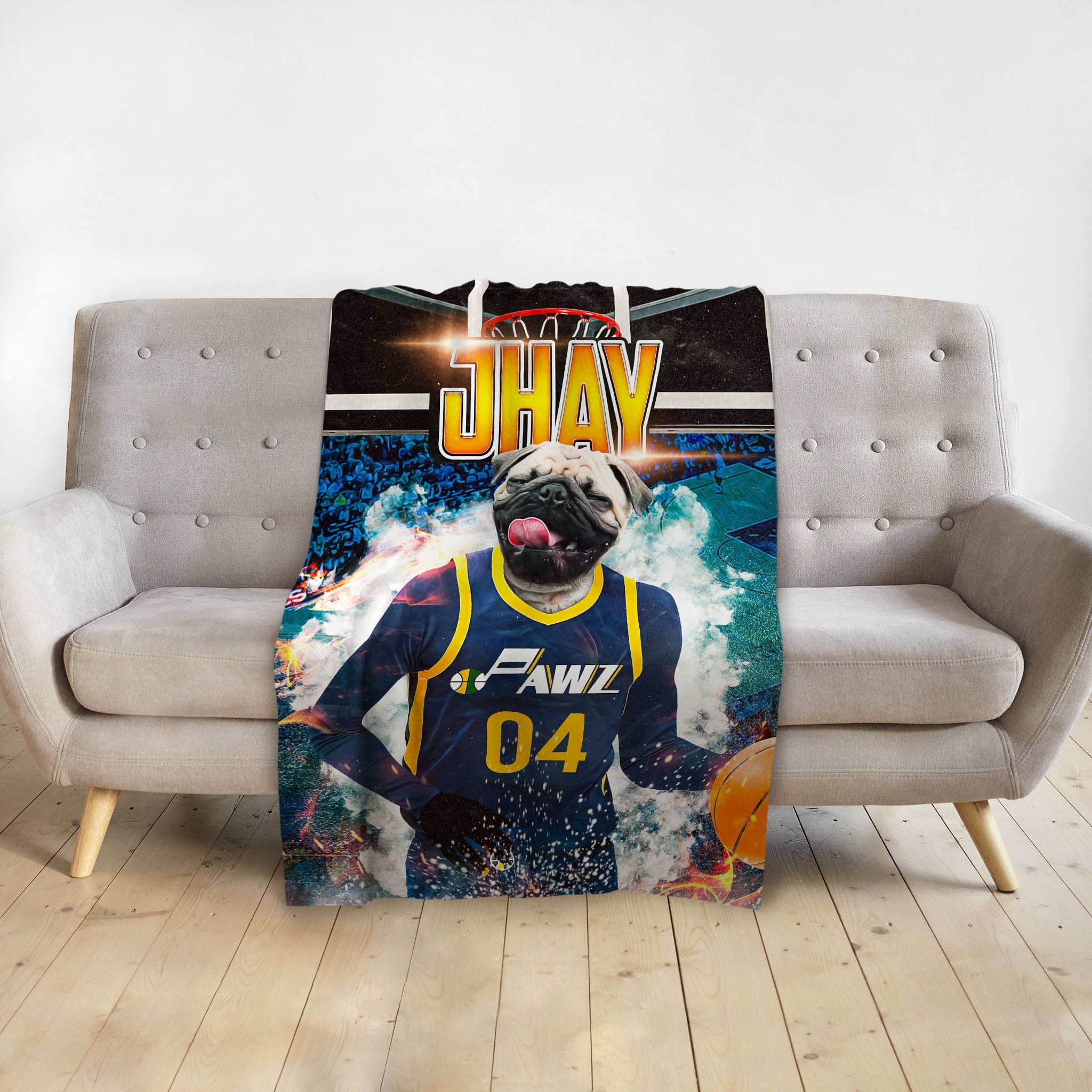Personalized pet blanket featuring a pug in a blue basketball jersey on a court.
