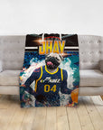 Personalized pet blanket featuring a pug in a blue basketball jersey on a court.
