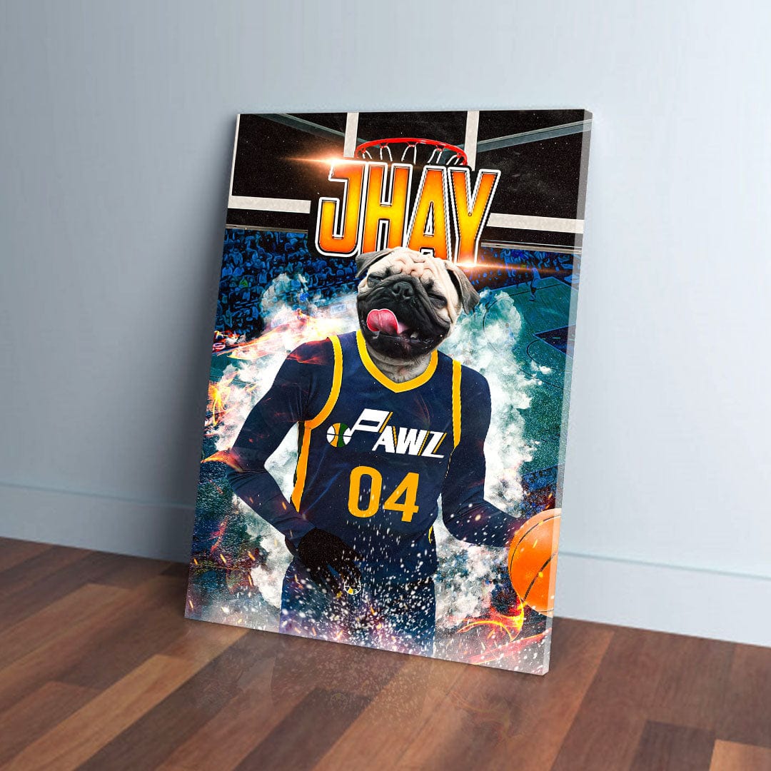 Personalized 'Utah Pawz' canvas featuring a pug in a blue basketball jersey dribbling a ball.