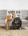 Personalized white minky blanket featuring two dogs in a "Vanity Fur" magazine cover portrait style.