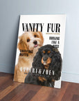Personalized "Vanity Fur" canvas featuring a light brown and a black dog on a magazine cover design.