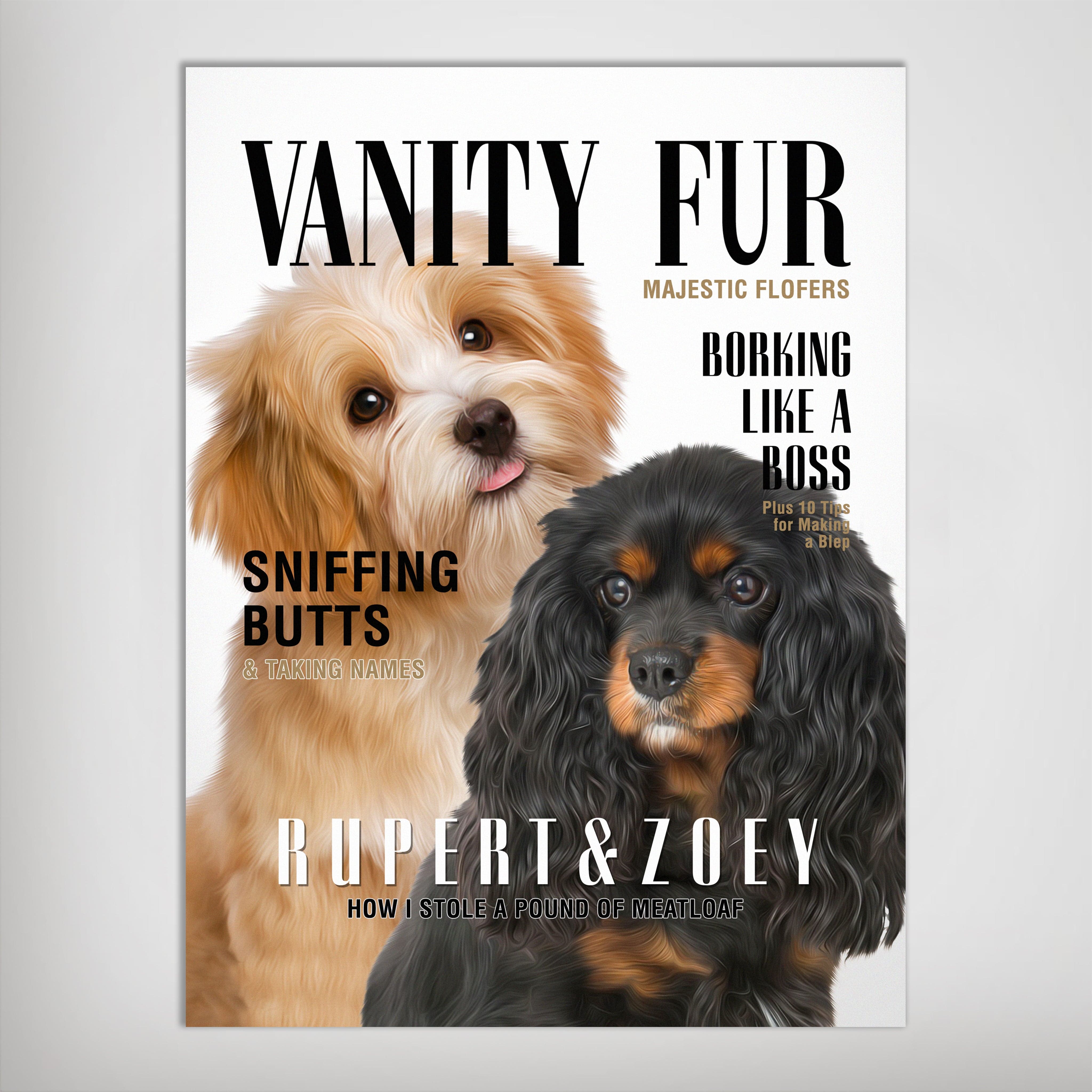 Personalized "Vanity Fur" poster featuring two custom pet portraits, a light brown dog and a black and tan dog, on a magazine cover design.