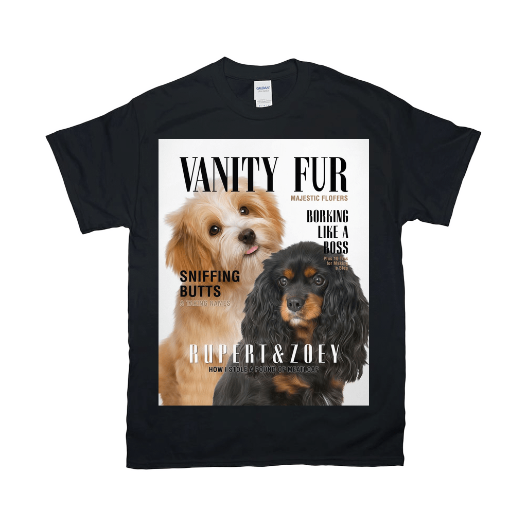 Black Gildan t-shirt featuring a personalized magazine cover design with two dogs, a light brown and a black and tan cavalier.