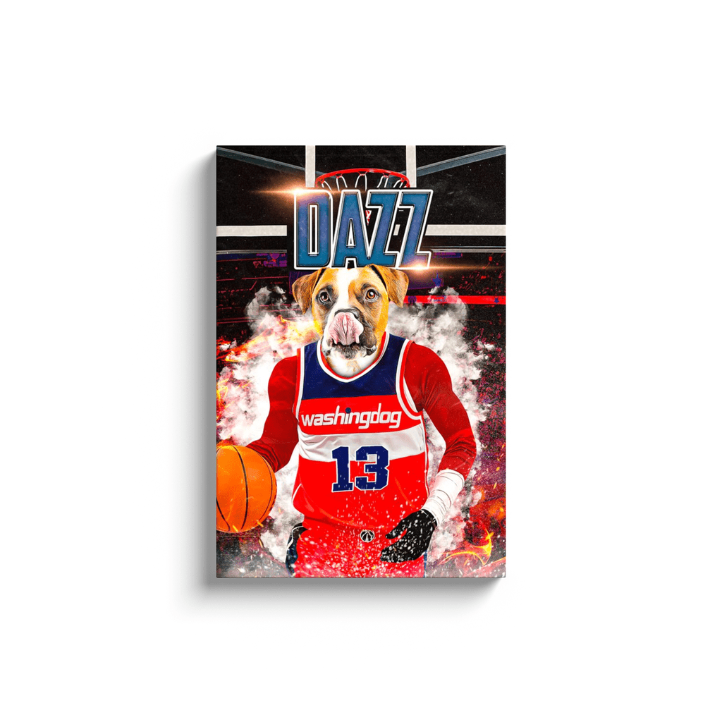 Personalized pet canvas featuring a boxer dog in a red basketball jersey with "washingdog 13" and a basketball.