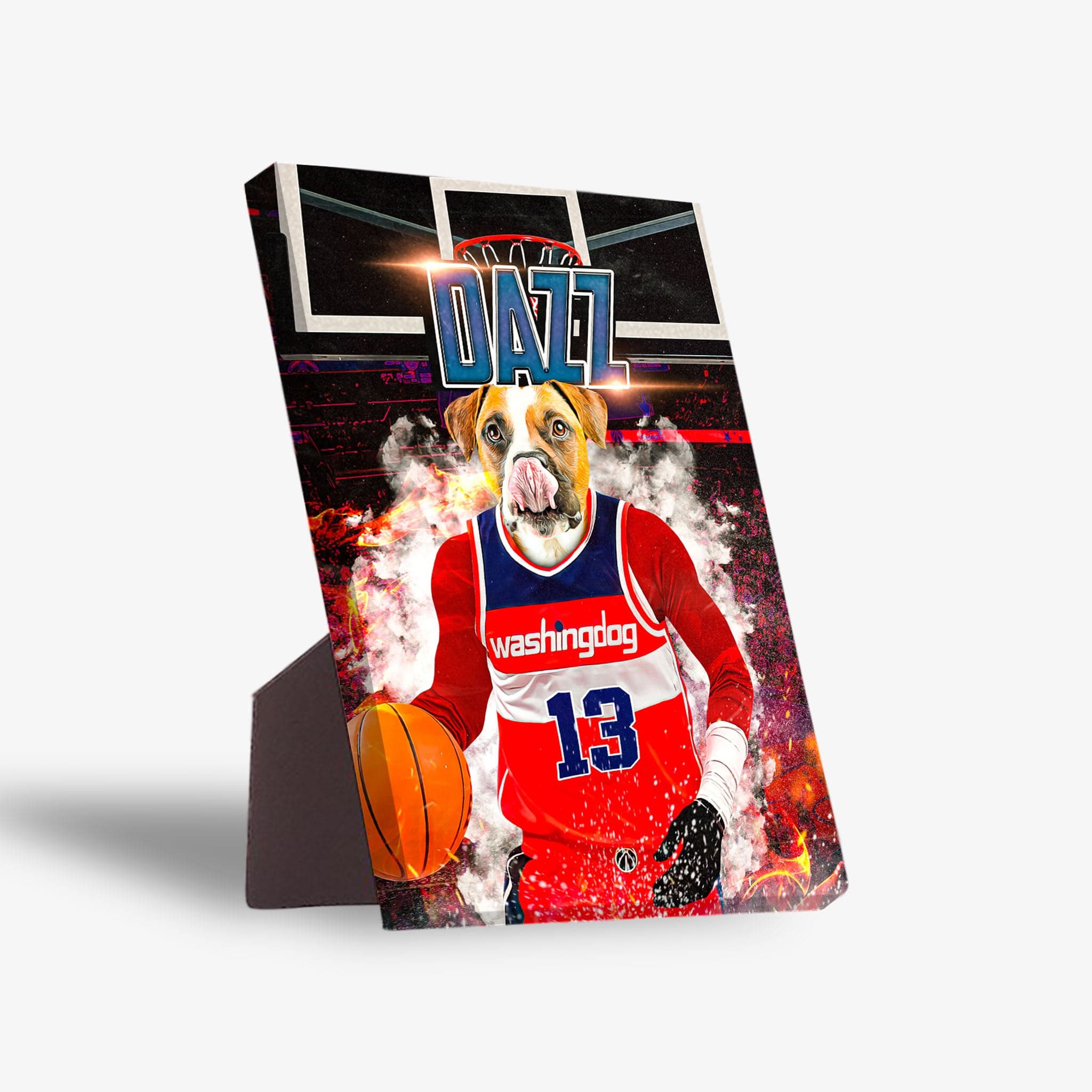 Personalized pet standing canvas featuring a bulldog in a red basketball jersey, holding a ball.