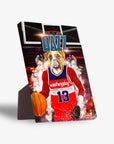 Personalized pet standing canvas featuring a bulldog in a red basketball jersey, holding a ball.