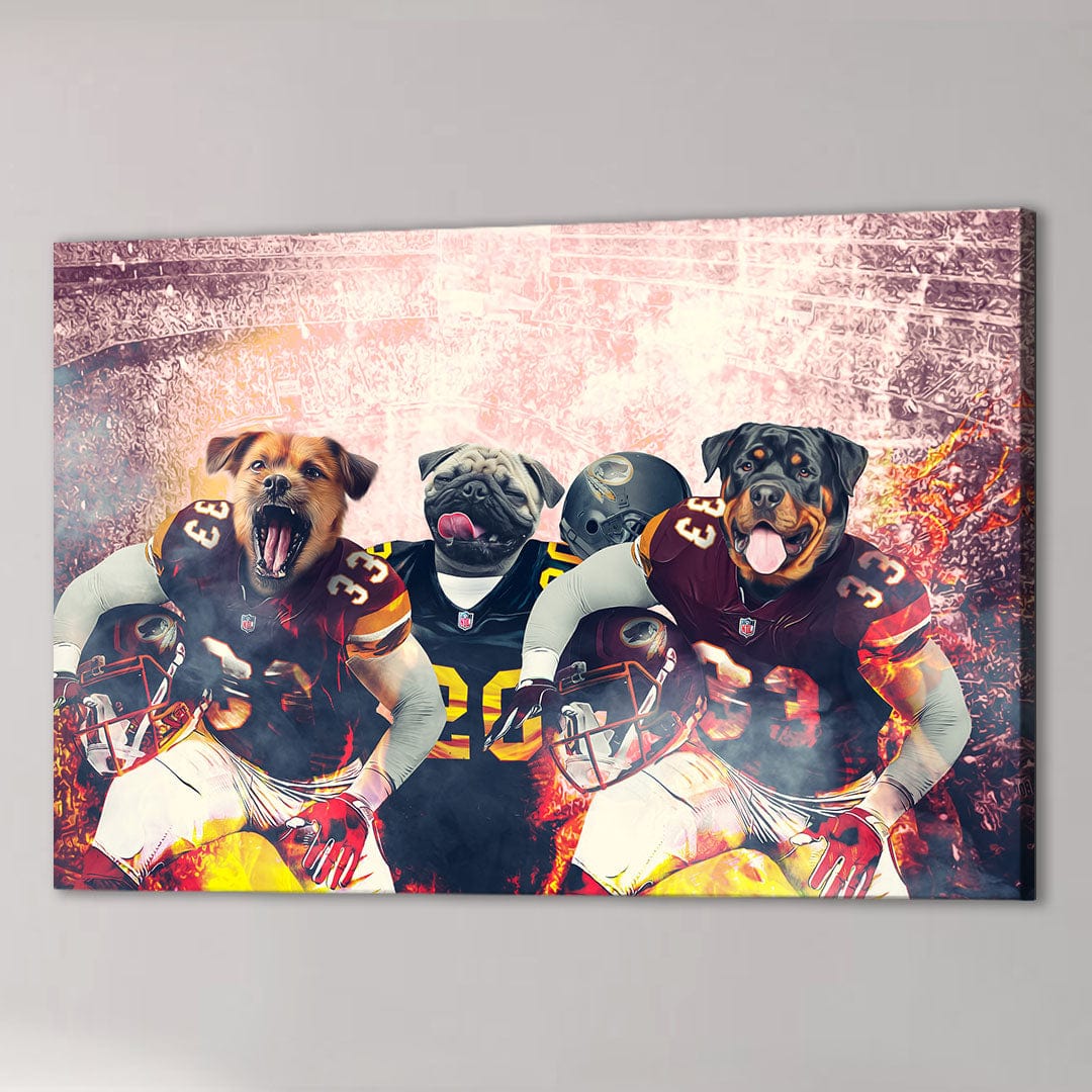 Personalized canvas featuring three pets as football players in team jerseys, with a stadium background.