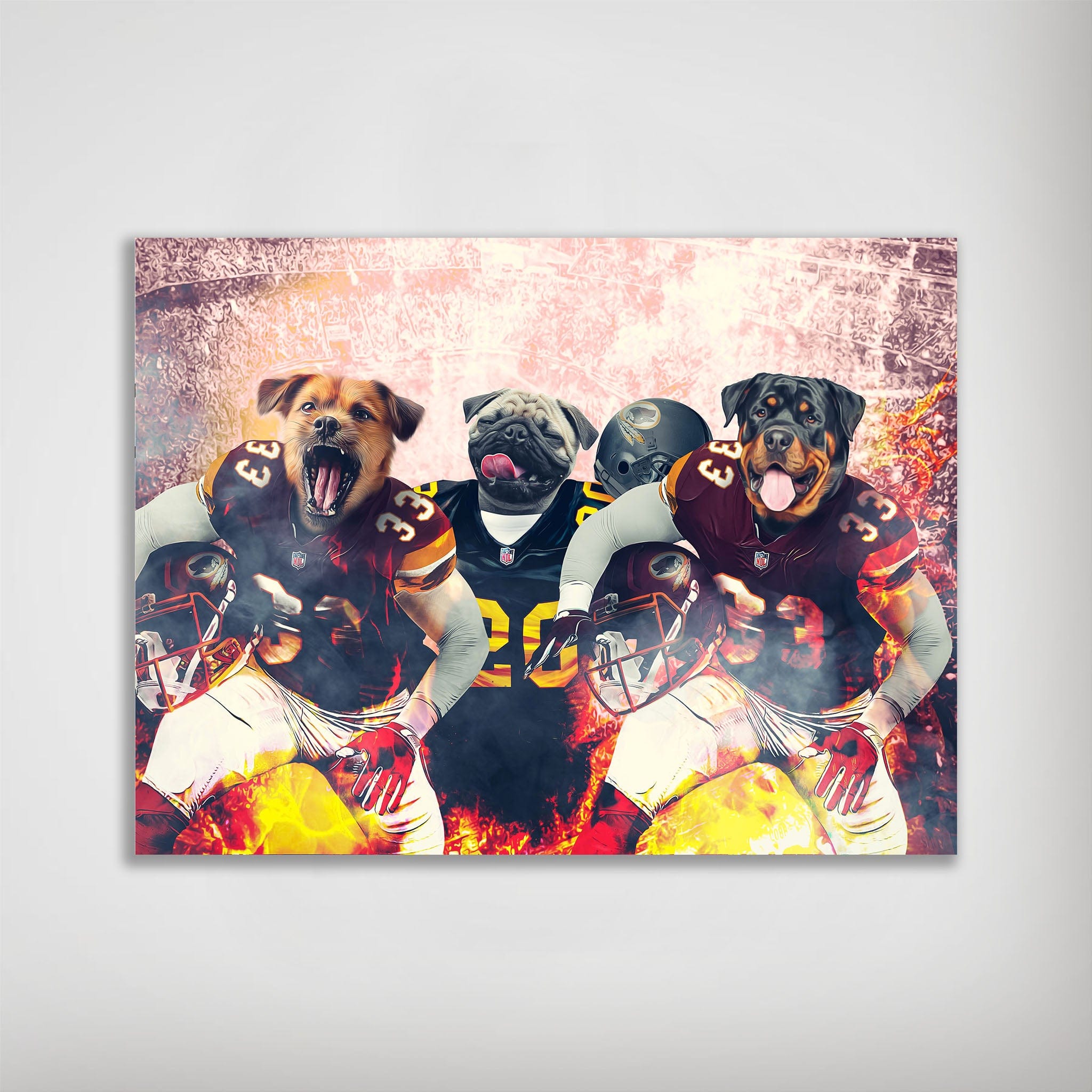 Personalized 3-pet poster featuring a terrier, pug, and rottweiler in football uniforms with fiery effects.