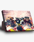 Personalized 3-pet standing canvas featuring dogs in football uniforms on a fiery field.