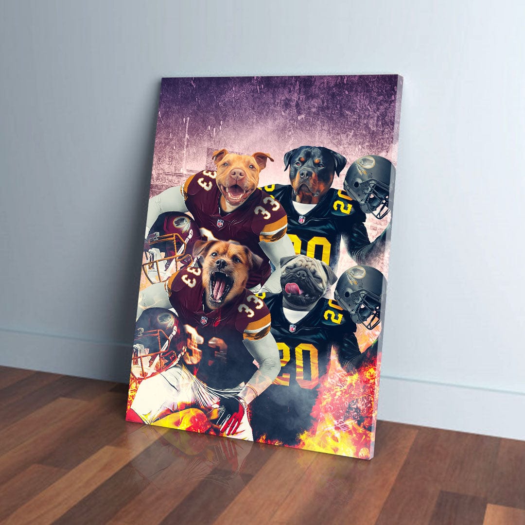 Personalized 4-pet canvas featuring dogs in football jerseys, with a fiery, grunge background.