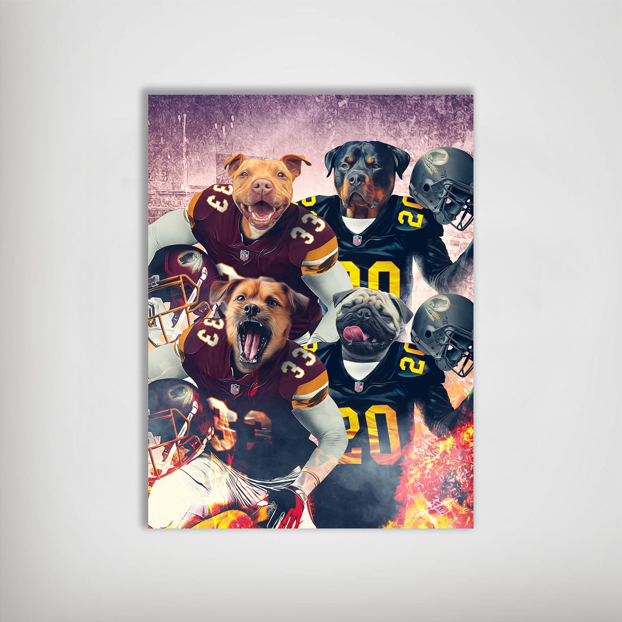 Personalized 'Washington Doggos' 4-pet poster featuring dogs in football uniforms against a fiery backdrop.