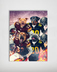 Personalized 'Washington Doggos' 4-pet poster featuring dogs in football uniforms against a fiery backdrop.