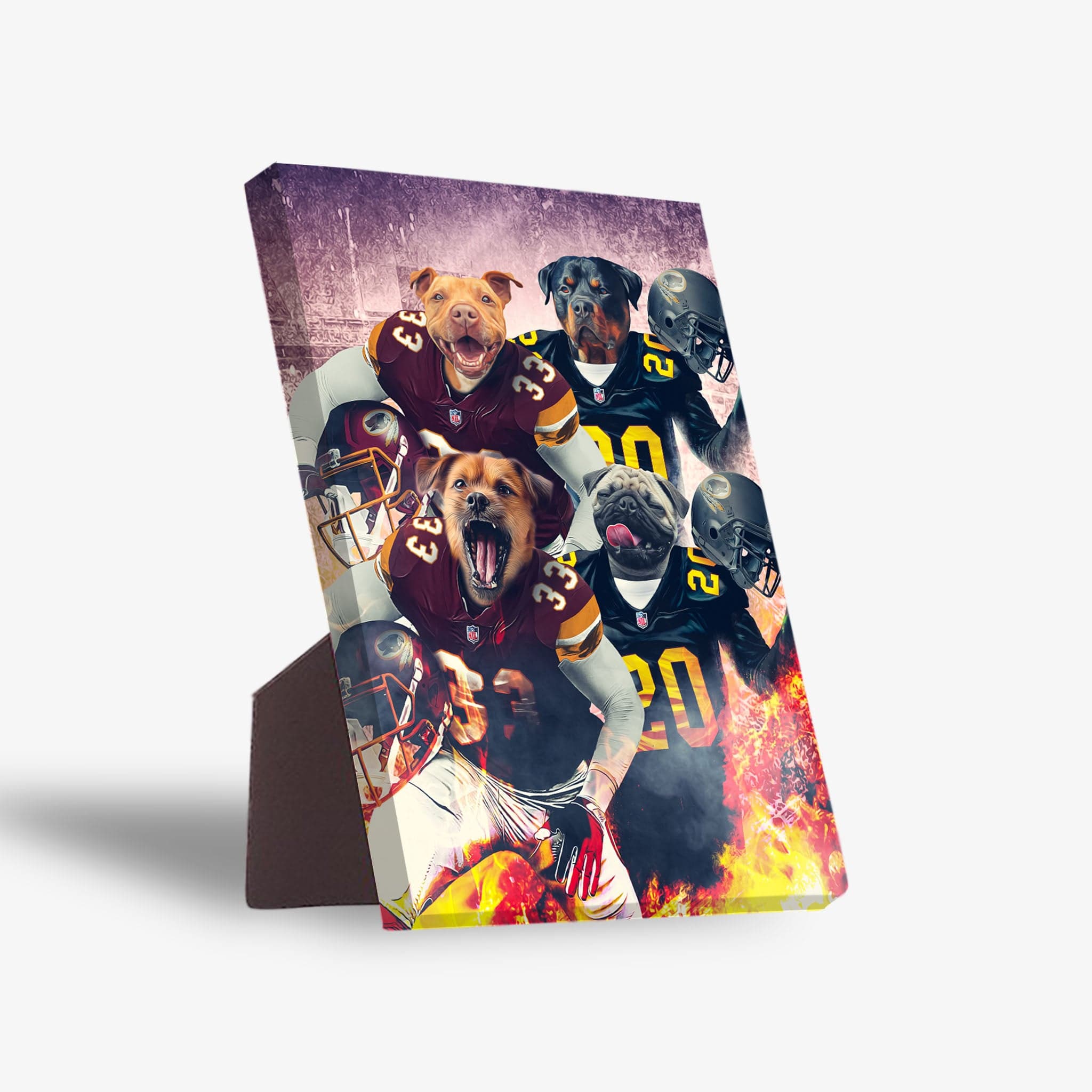 Personalized 4-pet standing canvas featuring dogs in football uniforms with helmets and fiery effects.