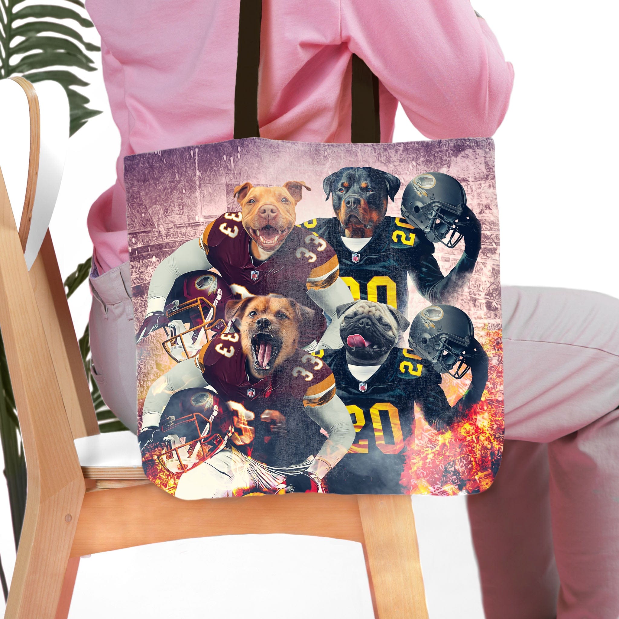 Personalized 4-pet tote bag featuring dogs in football uniforms.