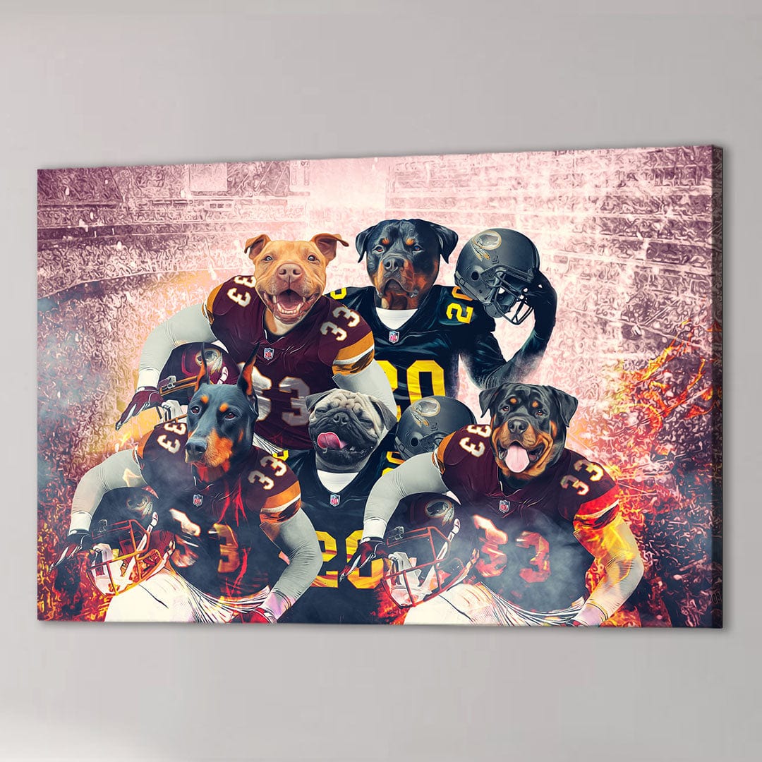 Personalized 5-pet canvas featuring dogs in football uniforms against a stadium backdrop with fiery effects.