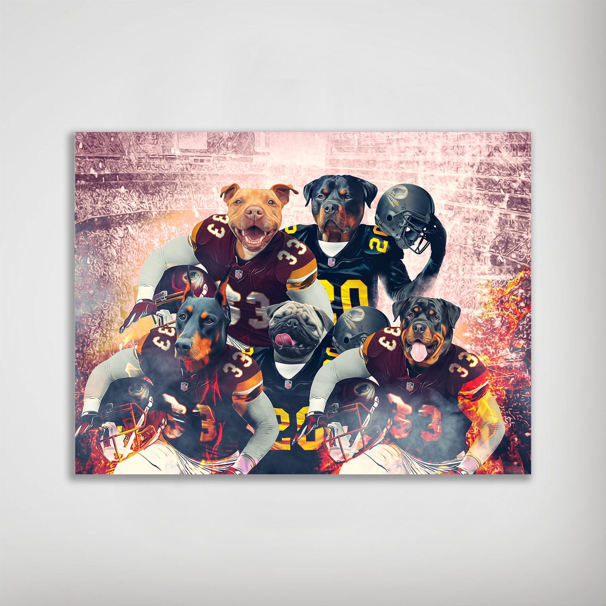 Personalized 'Washington Doggos' poster featuring five pets as football players in maroon and gold uniforms.