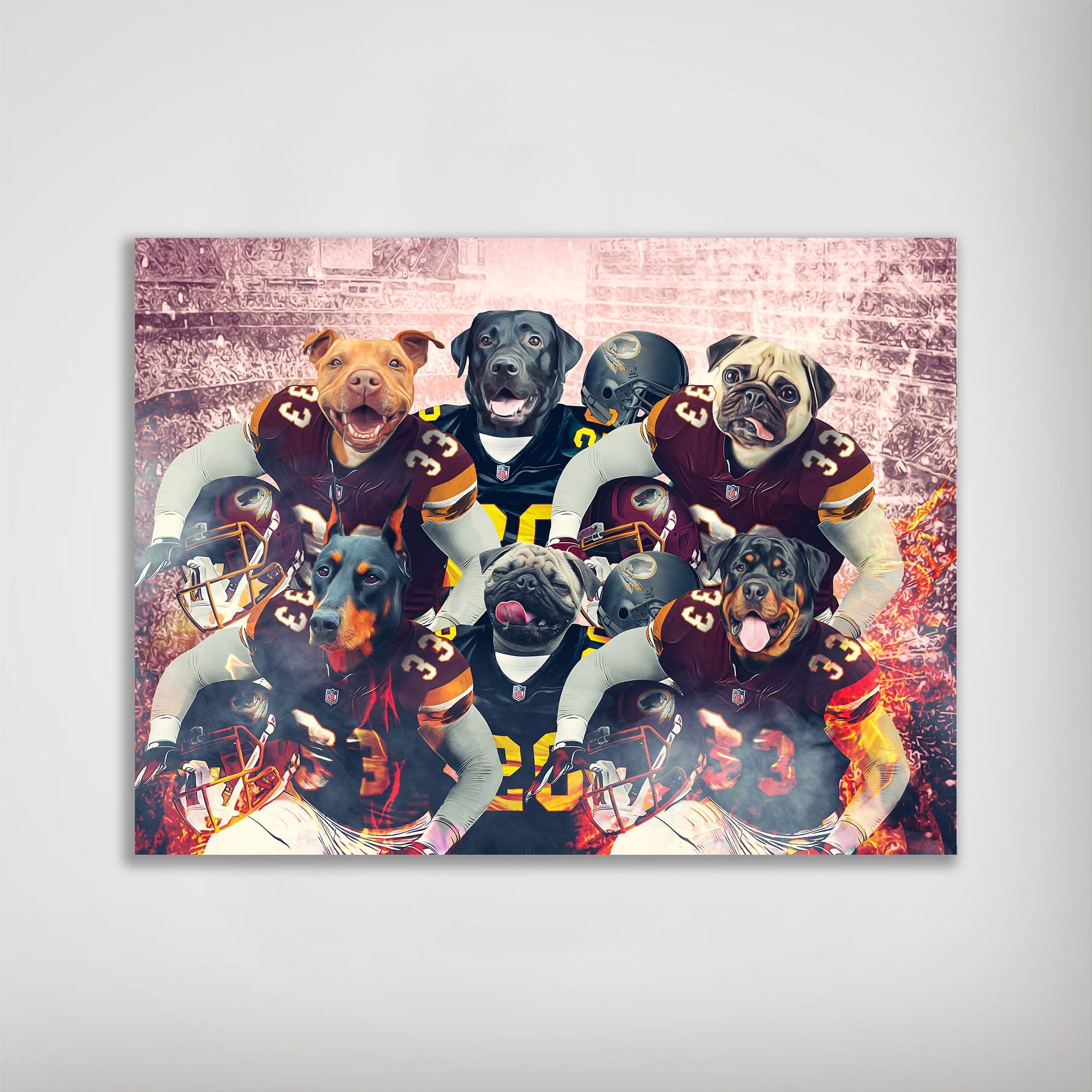 Personalized 'Washington Doggos' 6-pet poster featuring dogs in football uniforms with a stadium background.