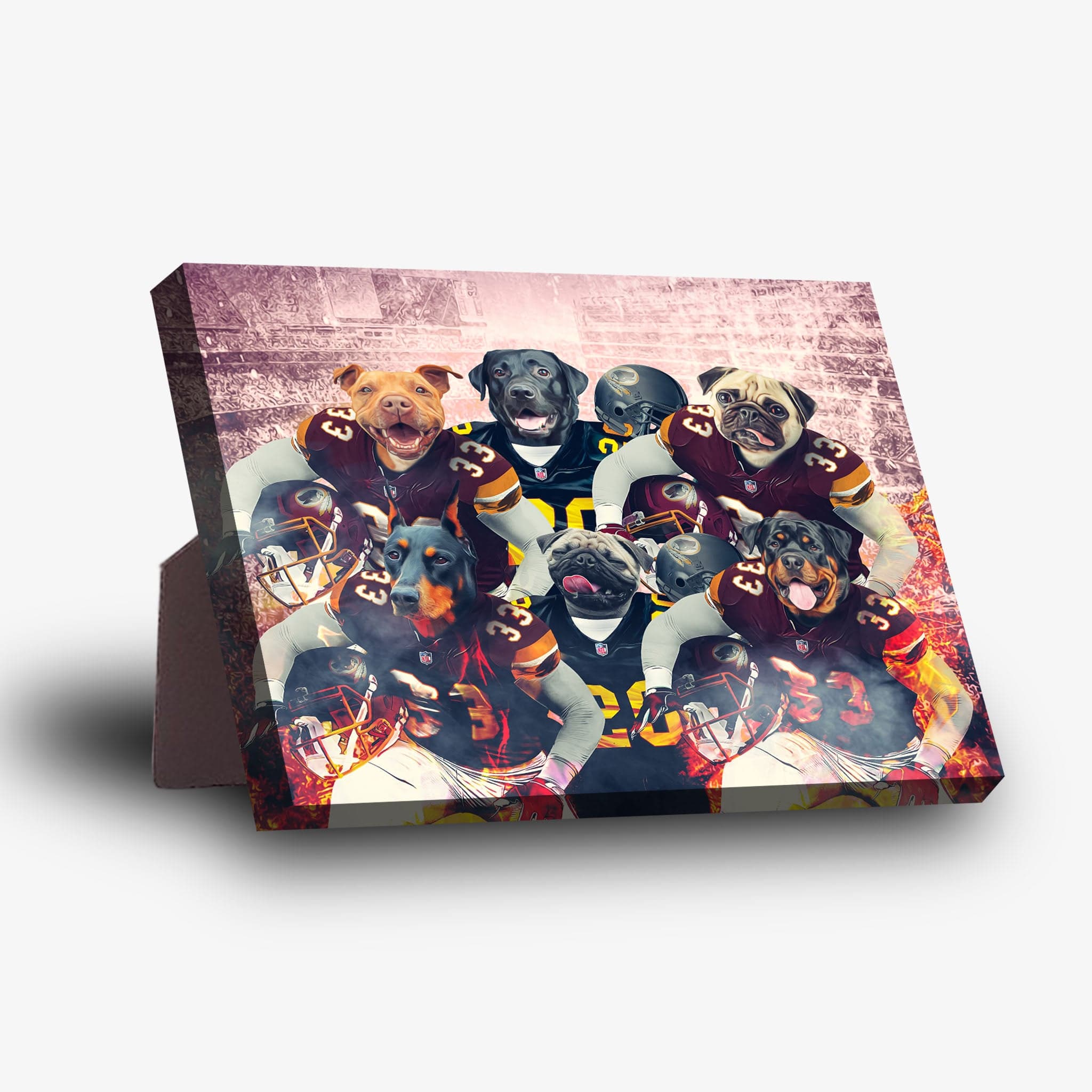 Personalized 'Washington Doggos' 6-pet standing canvas featuring dogs in football uniforms.