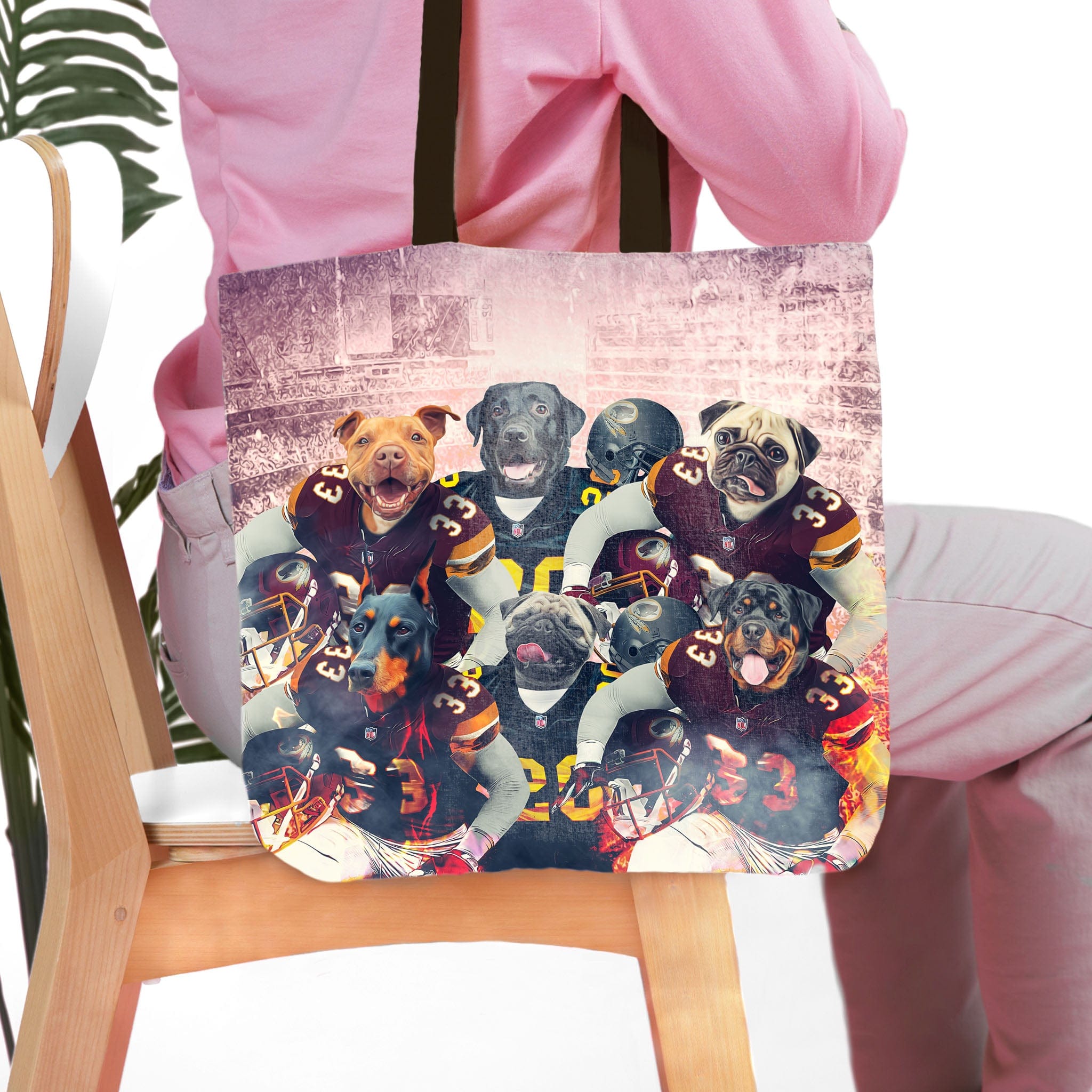 Personalized 6-pet tote bag featuring dogs in Washington Doggos football uniforms.