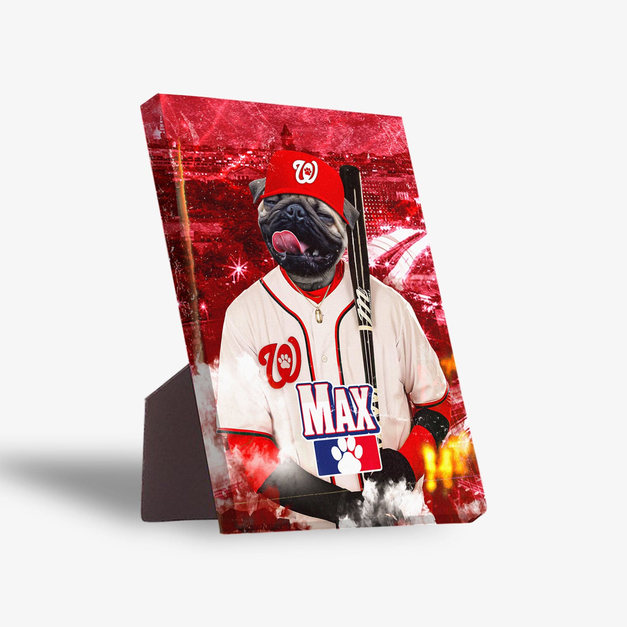 Personalized standing canvas featuring a pug in a red baseball cap and white Nationals jersey, holding a bat.