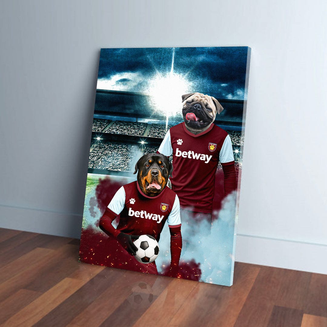 Personalized West Ham United pet canvas featuring a Rottweiler and a Pug in football kits on a stadium background.