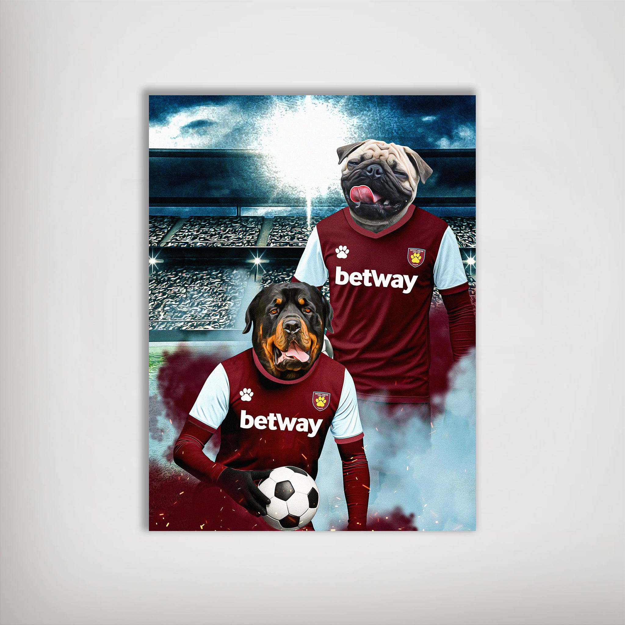 Personalized West Ham United Doggos Football poster featuring a Rottweiler and a Pug in team jerseys.