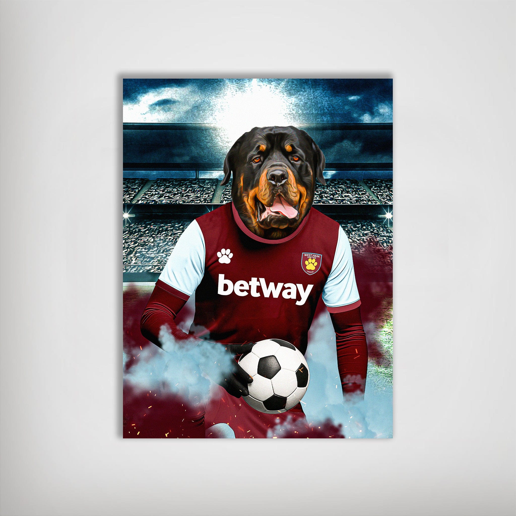 Personalized West Ham United Doggos Football poster featuring a Rottweiler in a maroon and blue jersey holding a soccer ball.