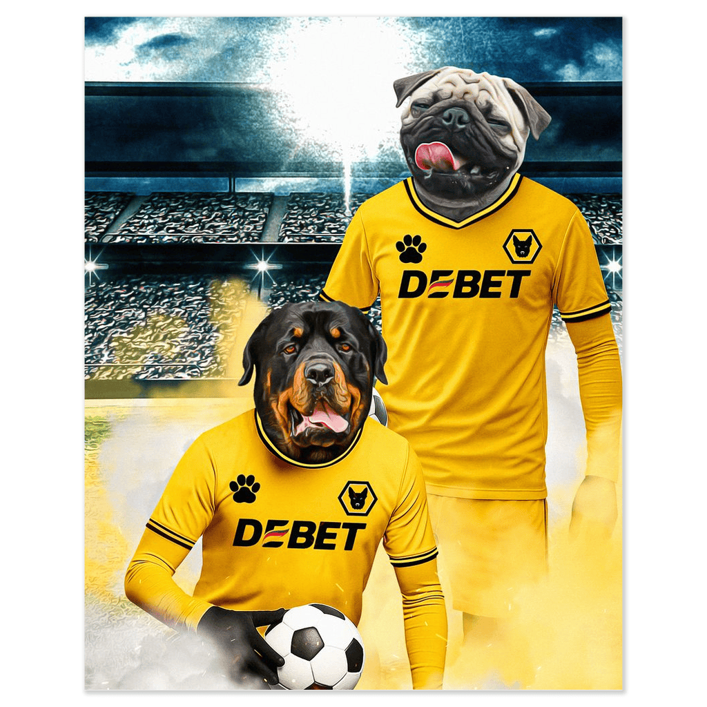 Personalized 'Wolves Doggos Football' poster featuring a Rottweiler and a Pug in yellow soccer jerseys.