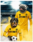 Personalized 'Wolves Doggos Football' poster featuring a Rottweiler and a Pug in yellow soccer jerseys.
