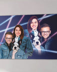 Personalized 1980s lazer portrait canvas featuring two humans and a French bulldog, with neon pink and blue lines.
