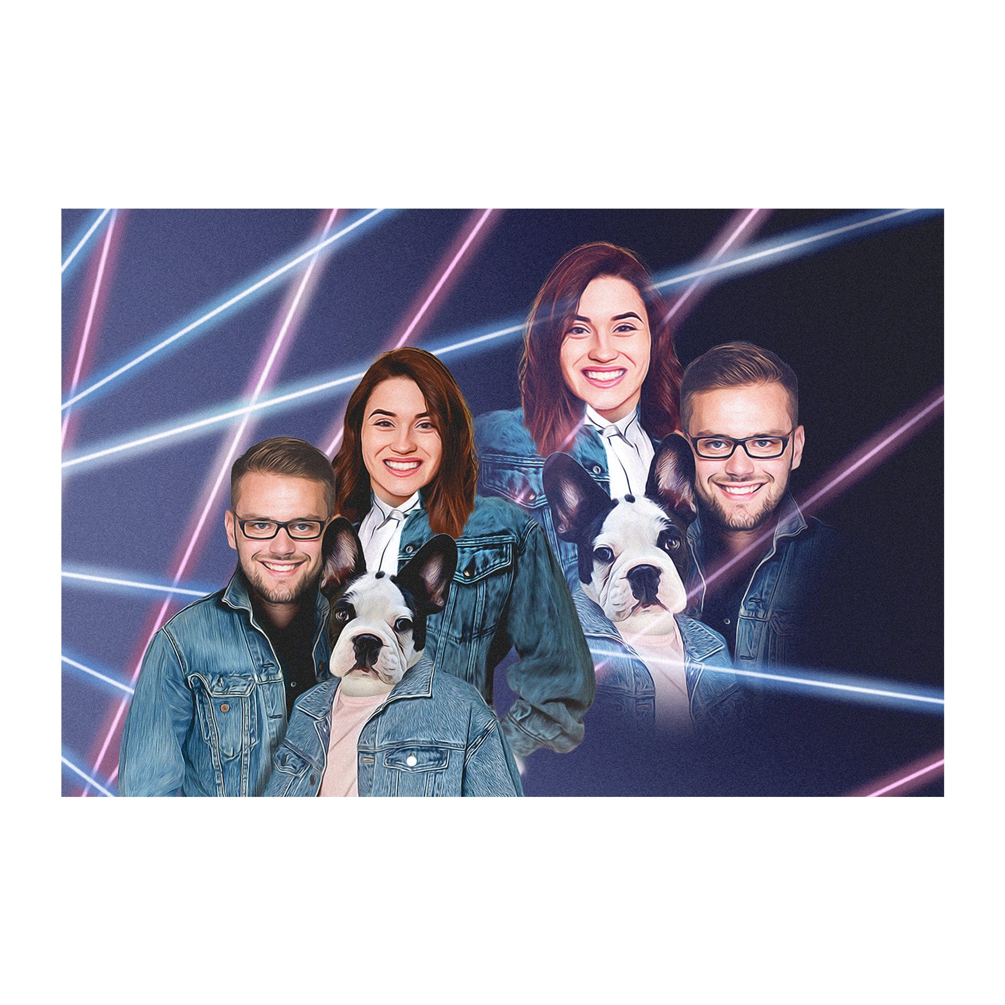 Personalized 1980s Lazer Portrait of a couple and their French Bulldog, featuring neon pink and blue lines.
