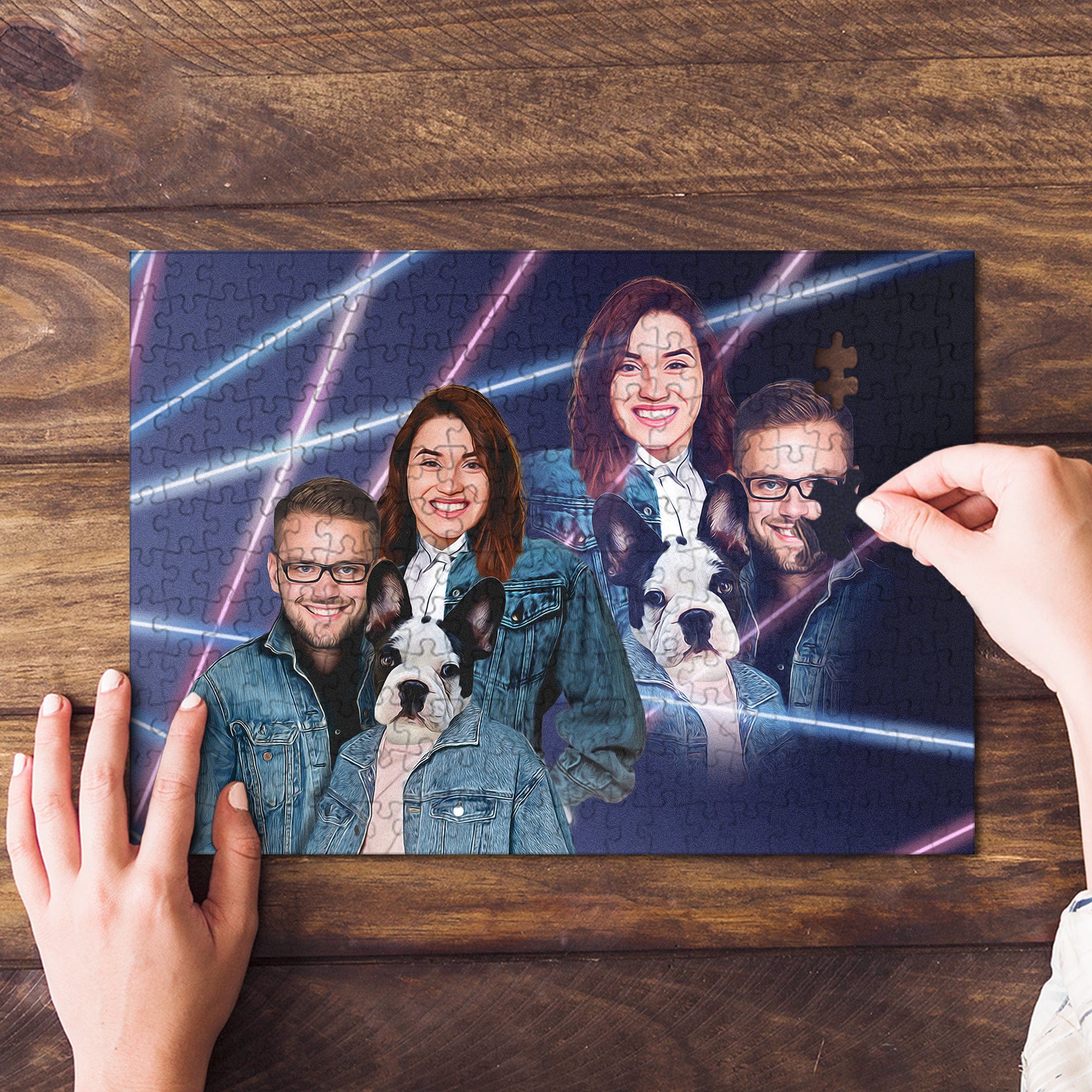 Personalized 1980s Lazer Portrait puzzle featuring a custom cartoon of two humans and a French Bulldog.