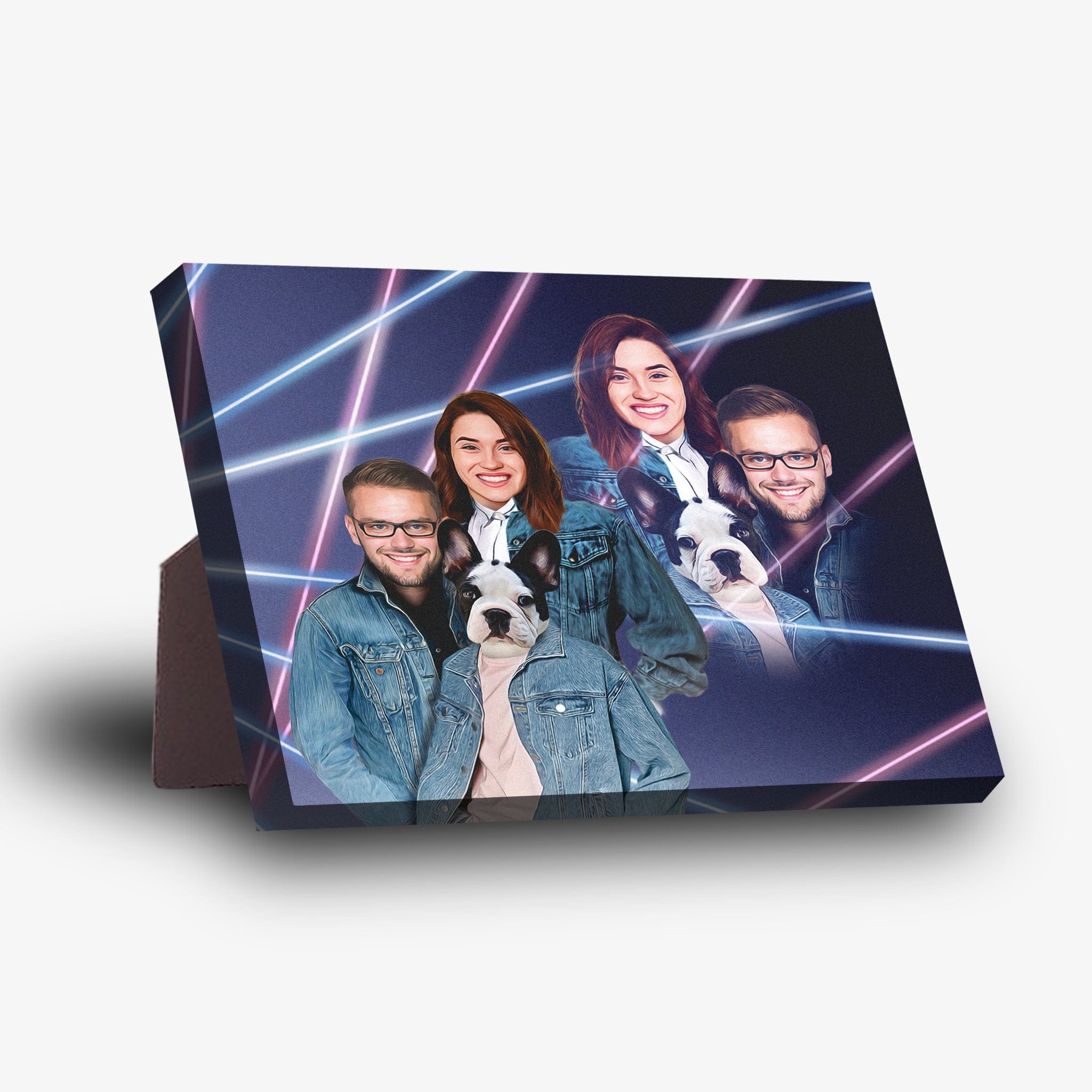 Personalized 1980s Lazer Portrait standing canvas featuring a couple and their French bulldog in denim jackets.