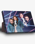 Personalized 1980s Lazer Portrait standing canvas featuring a couple and their French bulldog in denim jackets.
