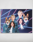 1980s Lazer Portrait personalized poster featuring two women and two corgi dogs in denim jackets with neon pink and blue lines.