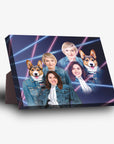 Personalized 1980s Lazer Portrait standing canvas featuring two women and two corgis with neon lines.