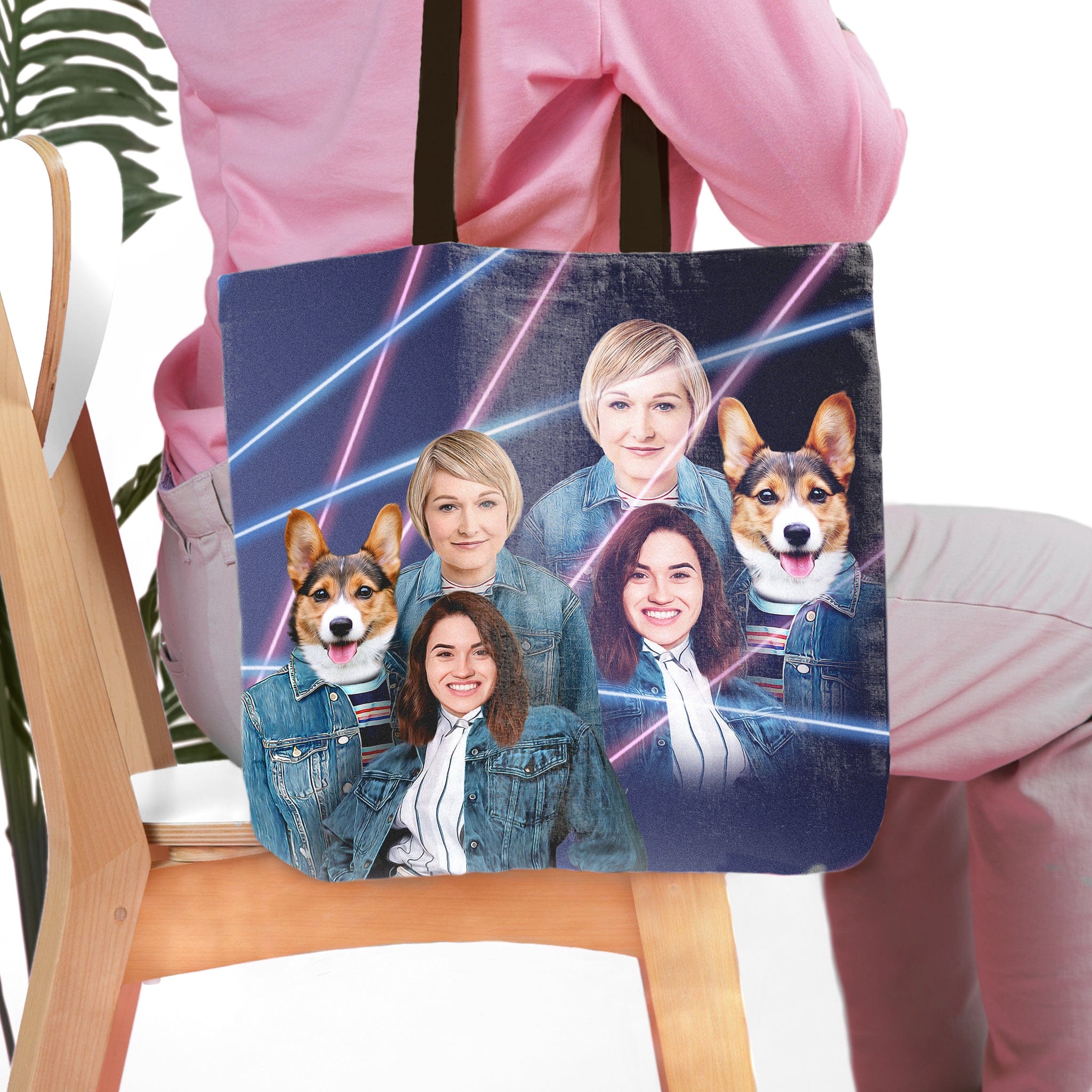 Personalized '80s Lazer Portrait tote bag with two women and two corgi dogs.