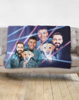 Custom 1980s Lazer Portrait blanket featuring three men and two dogs in denim jackets.