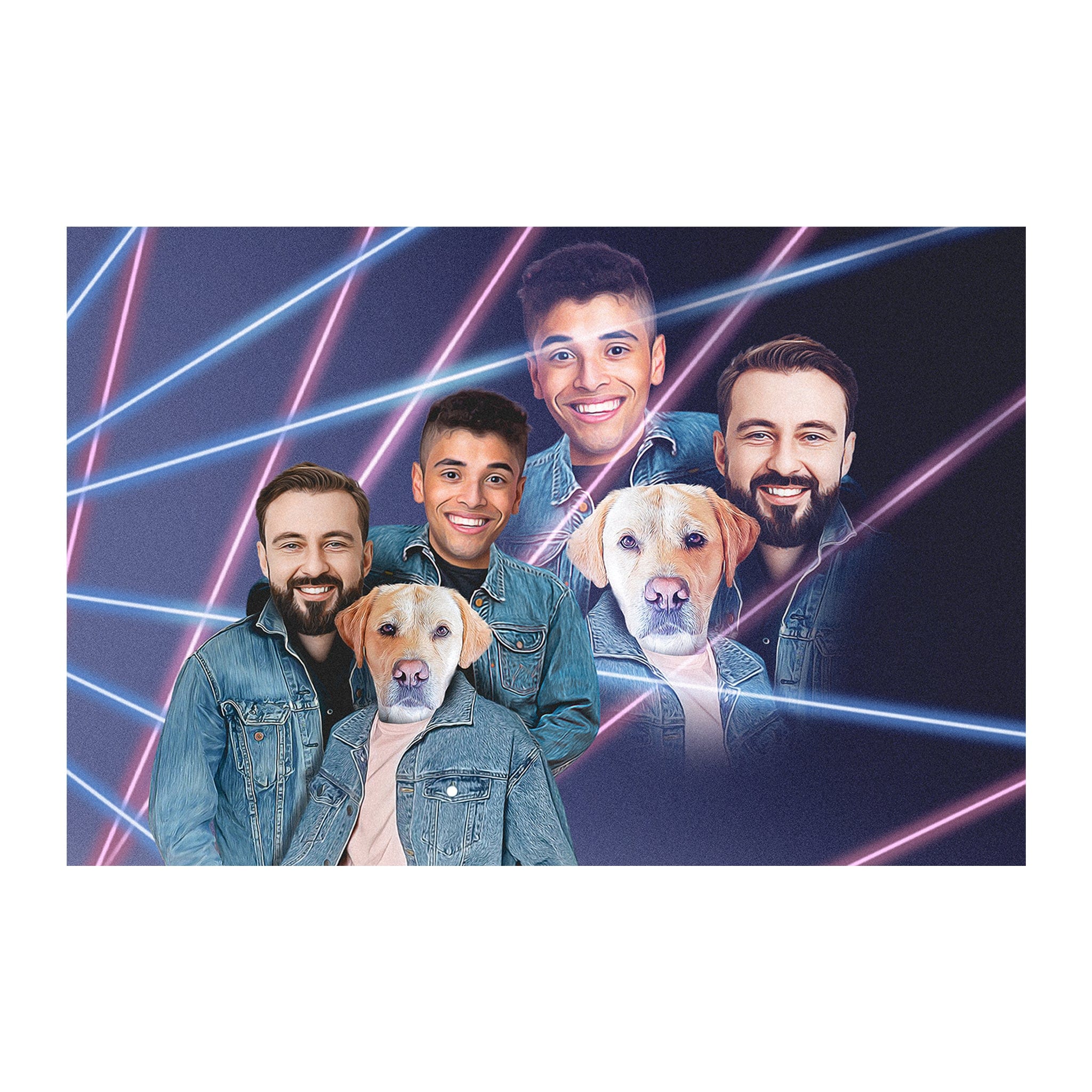 Personalized 1980s Lazer Portrait of two men and two dogs with human bodies.